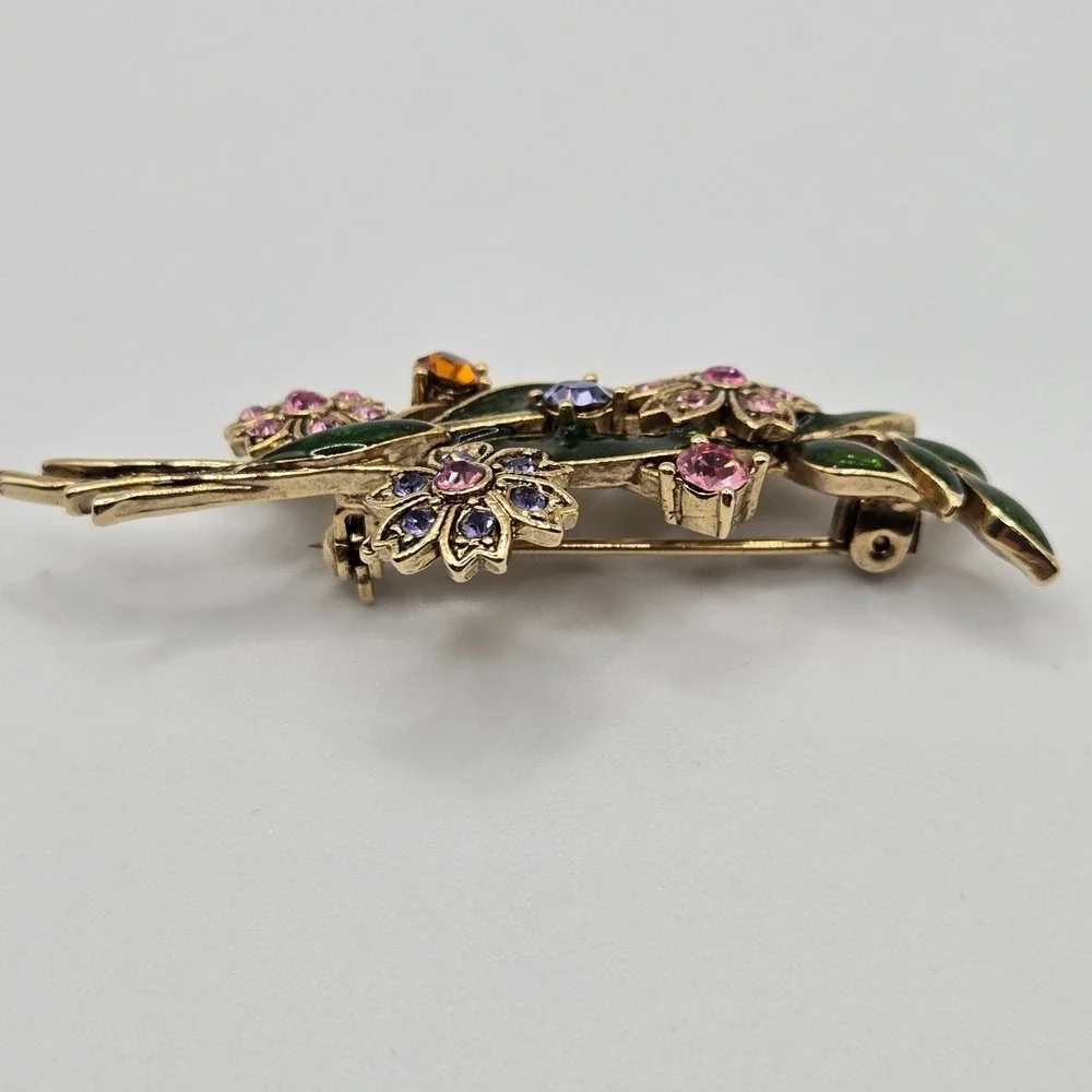 Vtg‎ Floral Brooch Gold Tone Enamel Rhinestone 2.5